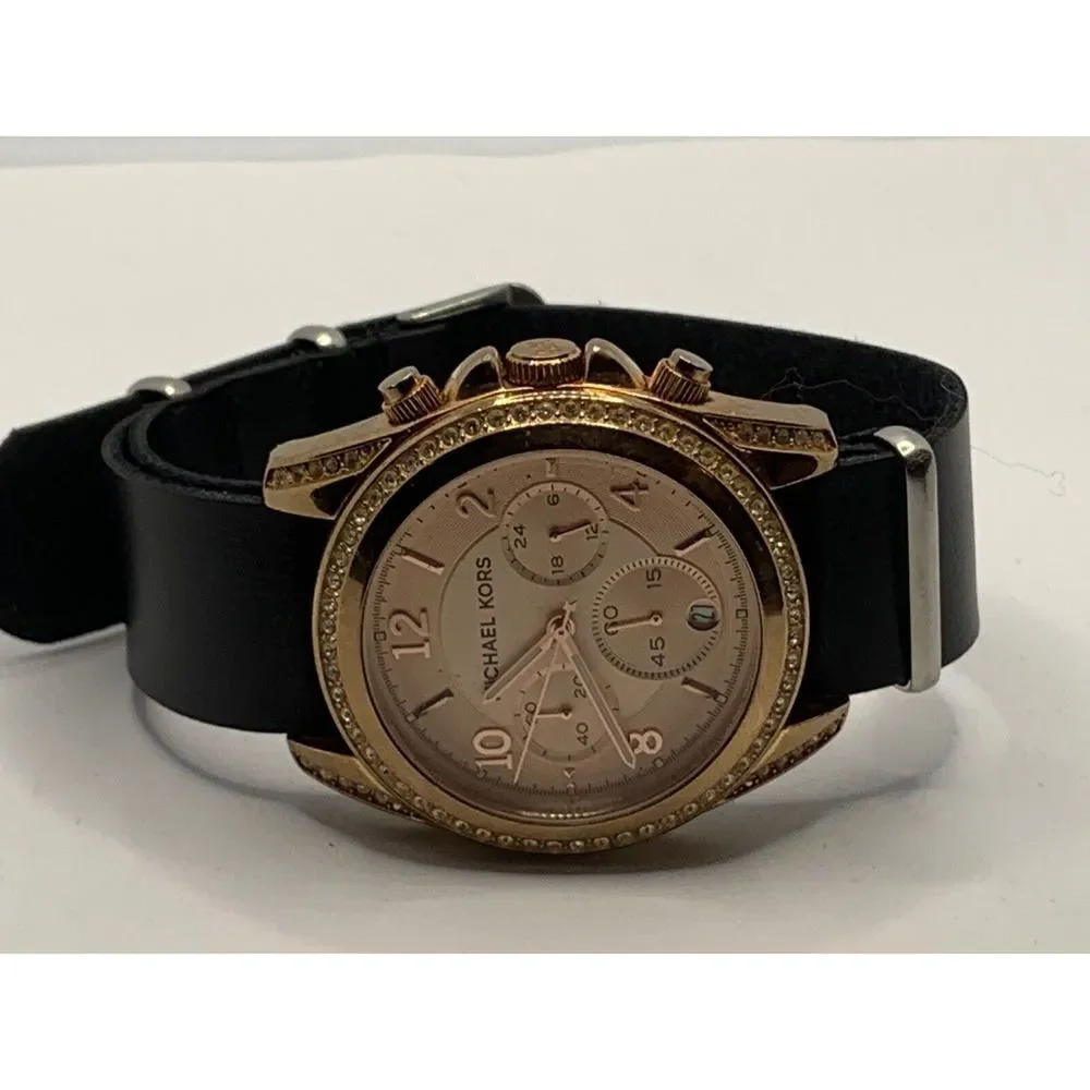Michael Kors MK5859 Women Black Leather Analog Rose Gold Dial Quartz Watch JD246